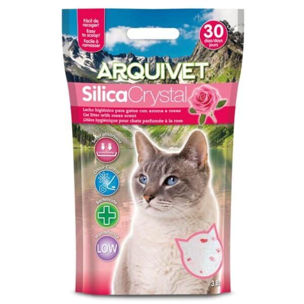 Litter box silica cristal para gatos con aroma a rosas, higiene y control de olores.