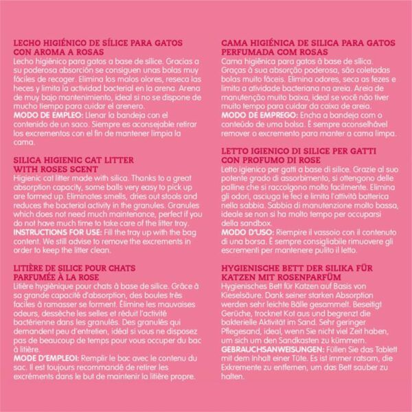 Lecho higiénico de silicona para gatos con aroma a rosas, fácil de usar y con absorción eficiente para mantener la arena limpia.