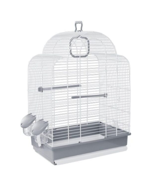 Alto texto: Jaula para aves de color gris con comederos y barras de percha.