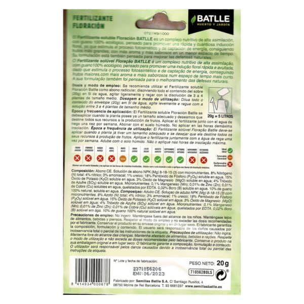 Fertilizante soluble Batlle para plantas, promoción y floración, 20g, cuidado de jardines y huertos, fórmula ecológica y segura.