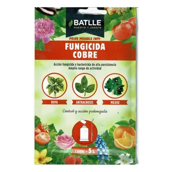 Polvo fungicida cobre para plantas, control de roya, mildiu y antracnosis en huerto y jardín.