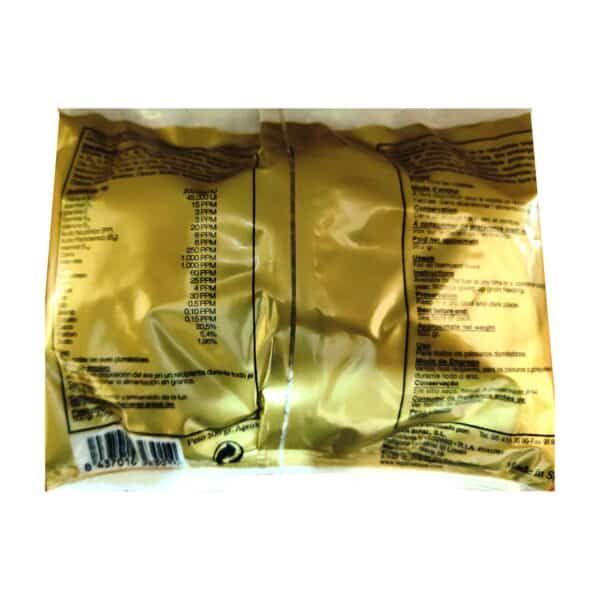 Azufre en empaque dorado, ingredientes y valor nutricional visible.