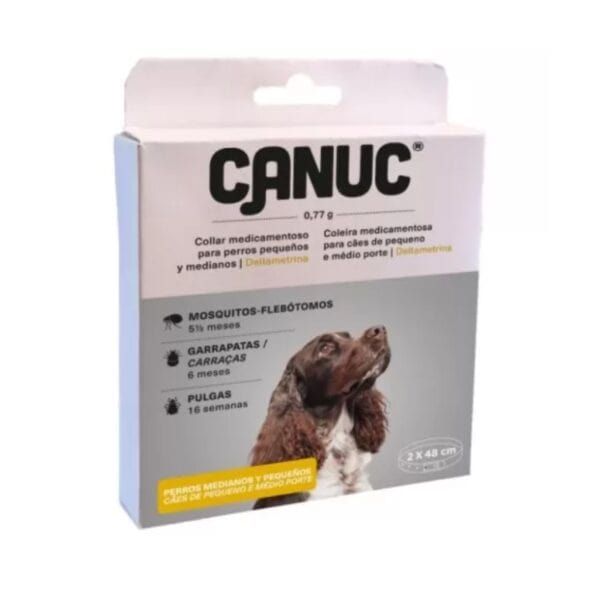 Collar medicamentoso Canuc para perros pequeños y medianos, anti pulgas y garrapatas.