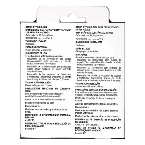 Canul para collares de perros pequeños y medianos, con ingredientes activos para protección contra pulgas.