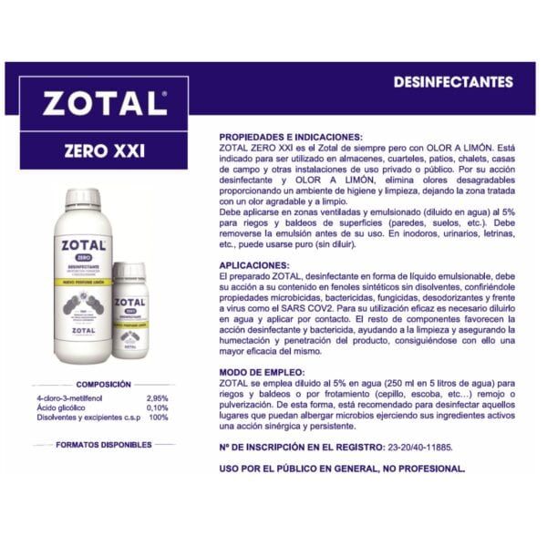 ZOTAL desinfectante para superficies, diluido en agua, eficaz contra virus y bacterias, ideal para limpieza y desinfección.