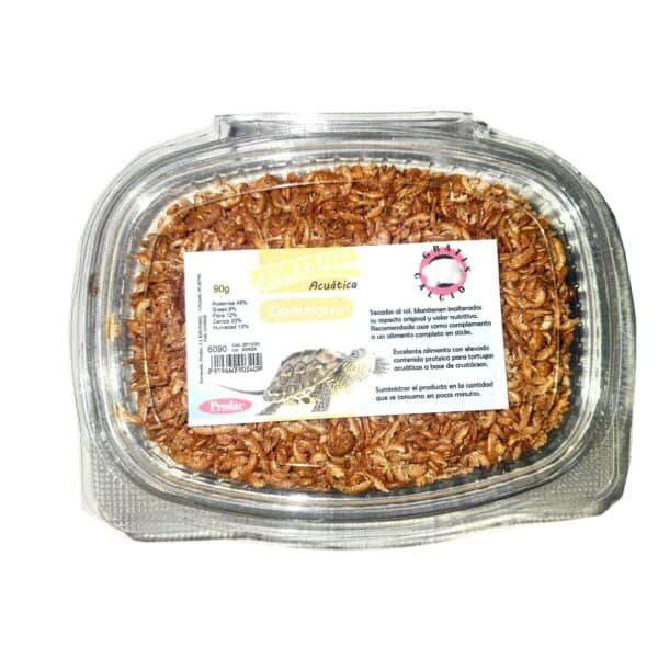 Cangrejos secos para tortugas acuáticas en envase transparente.