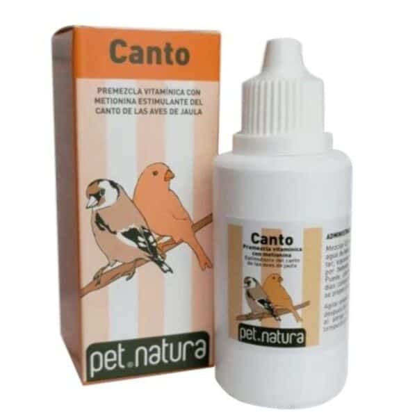 Suplemento vitamínico para aves, estimulante del canto, en envase y caja decorada con pájaros.