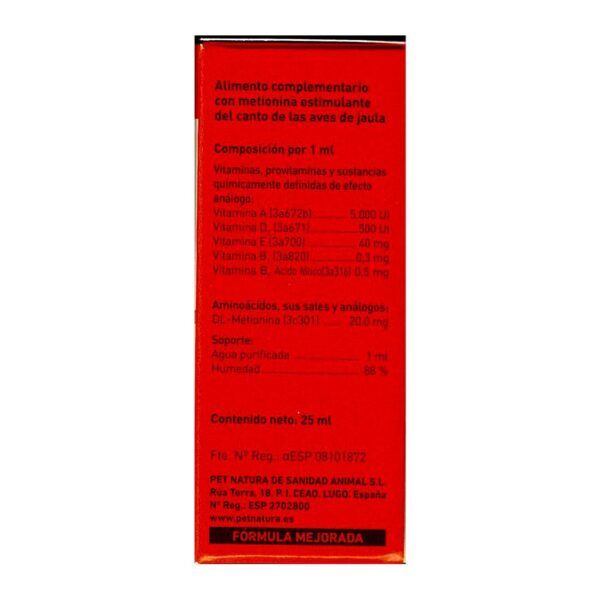 Suplemento alimenticio para aves con vitaminas y aminoácidos en envase de 25 ml. Ideal para salud animal.