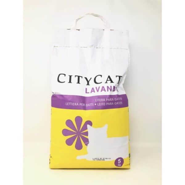 Arena para gatos, marca CityCat Lavanda, saco de 5 kg, arena higiénica y absorbente para mascotas.