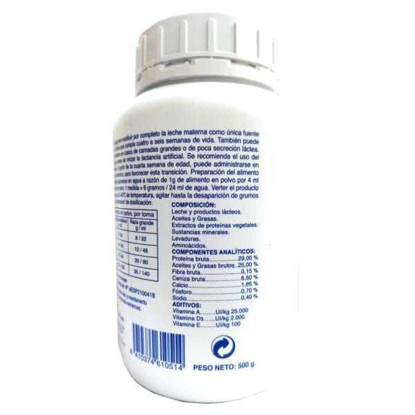 Suplemento de leche infantil en envase blanco y tapa screw, con información nutricional detallada en español.