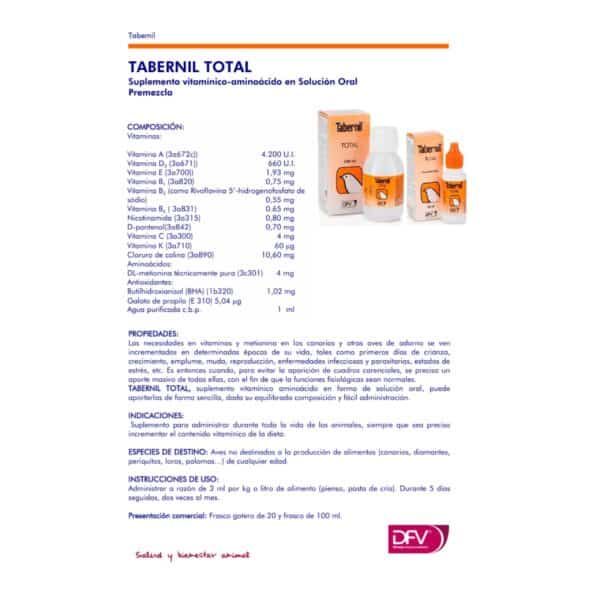 Tabernil Total suplemento vitamínico para aves y mascotas, solución oral de alta calidad para salud animal.