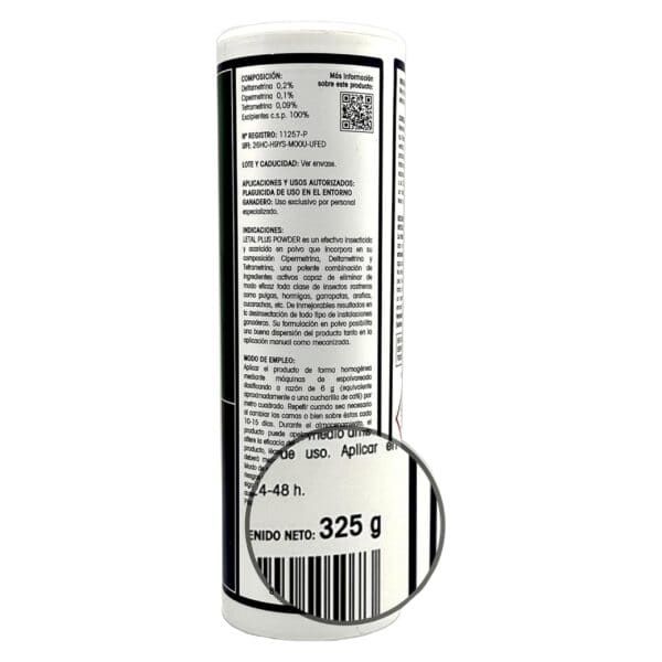 325 g de polvo de cuidado personal, información en etiqueta.