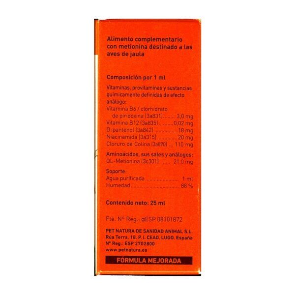 Medicamento complementario para aves de jaula, etiqueta de suplemento vitamínico.