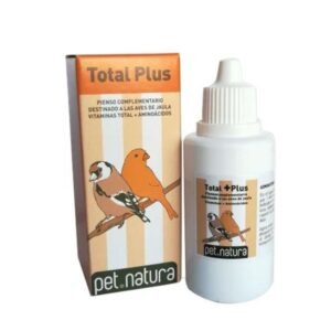 Suplemento vitamínico para aves, Pet Natura Total Plus, en envase y caja.