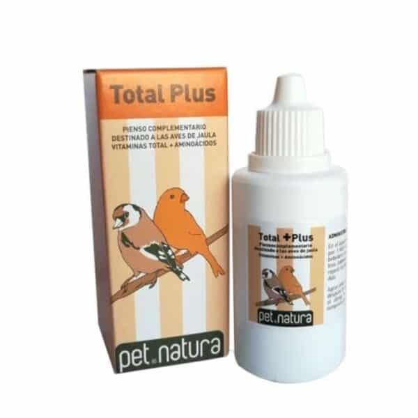 Suplemento vitamínico para aves, Pet Natura Total Plus, en envase y caja.