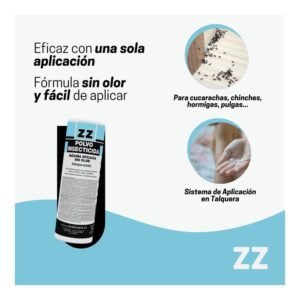 Polvo insecticida sin olor, fórmula eficaz y fácil de aplicar para cucarachas, chinches y hormigas.