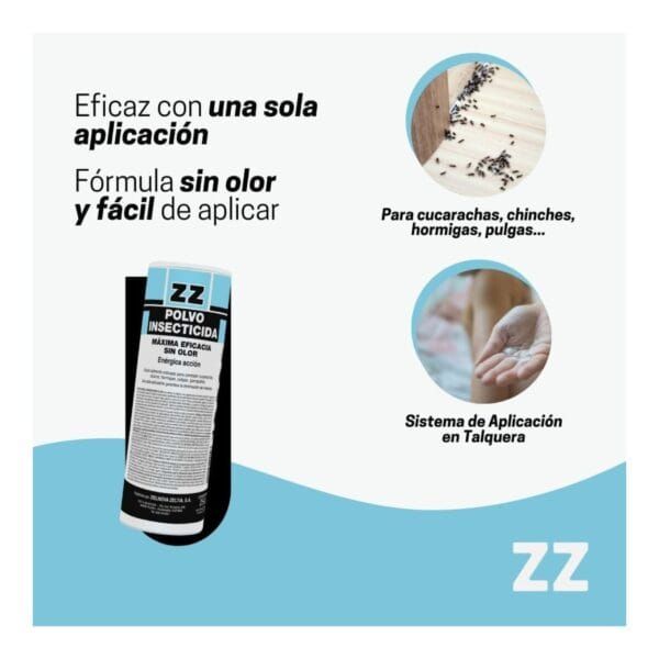 Polvo insecticida sin olor, fórmula eficaz y fácil de aplicar para cucarachas, chinches y hormigas.