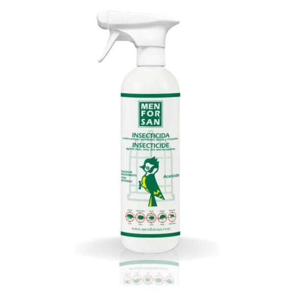 Spray insecticida para control de plagas en mascotas y hogar.