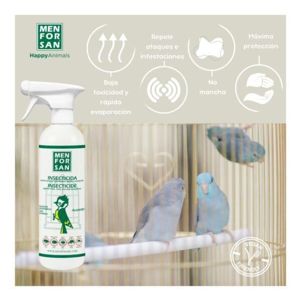 Higiene para mascotas con spray insecticida para aves y otros animales, protección máxima y sin manchas.