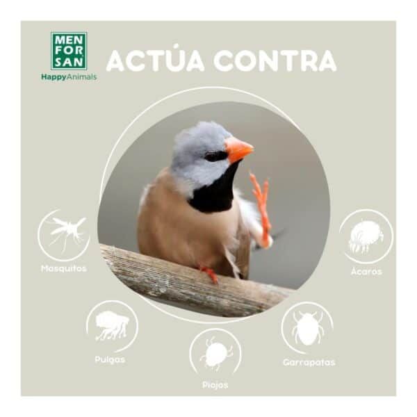 Pájaro con pico naranja y plumas grises y blancas, símbolo de protección contra plagas en productos para control de mosquitos, ácaros, pulgas y piojos.