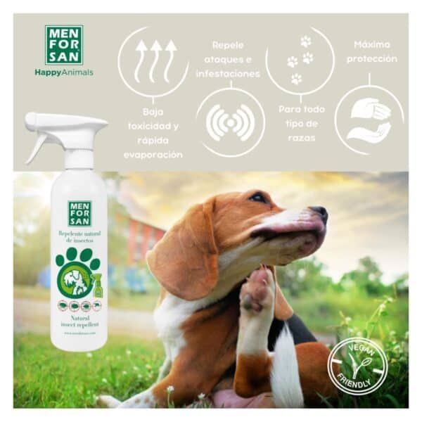 Spray repelente natural para perros de mascotas. Defensa efectiva contra insectos y ataques, seguro y ecológico.