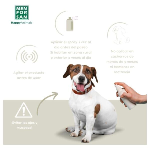 Spray repelente para perros, instrucciones de uso y advertencias para protección efectiva.