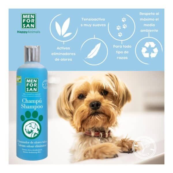 Champú para perros eliminador de olores, ingredientes suaves y respetuoso con el medio ambiente.