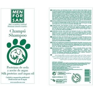Proteínas de seda y aceite de argán para perros, shampoo natural con ingredientes suaves y reparación profesional.