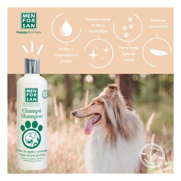 Suave champú para perros con aceite de argán y proteínas, ideal para todo tipo de razas.