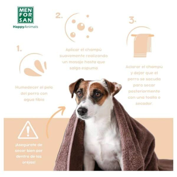 Humedecer el pelo del perro con agua tibia; aplicar champú suavemente; enjuagar y secar con toalla o secador.