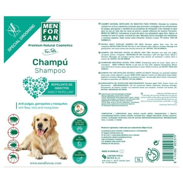 Champú para perros antipulgas y garrapatas, repelente natural de insectos, sin parabenos, ph neutro, 5L.