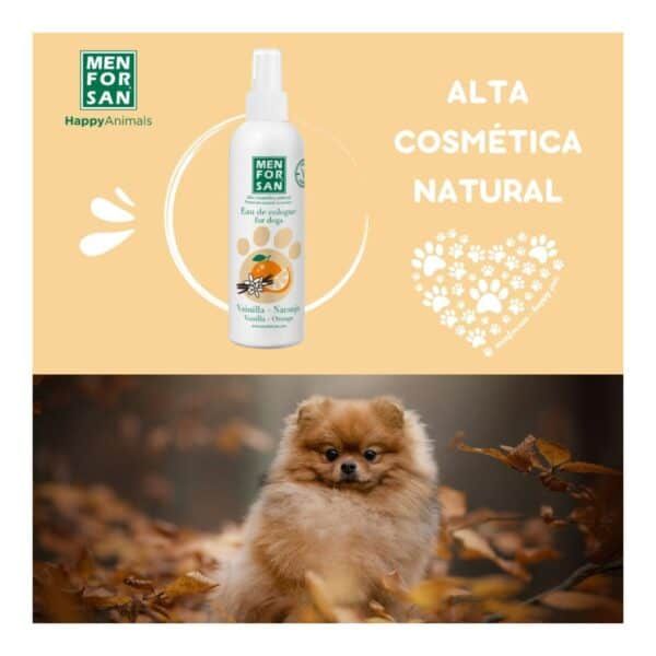 Suave spray ecológico para perros con aroma a vainilla, naranja y aceite de oliva, para un cuidado natural y saludable.