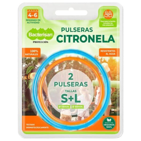 Pulseras citrónela para niños, resistentes al agua, naturales y veganas, tamaño S+L, ideal para actividades familiares.