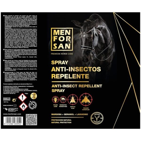 Spray anti-insectos para caballos, perros y mascotas con protección natural y ingredientes como margosa, geranio y lavandín.
