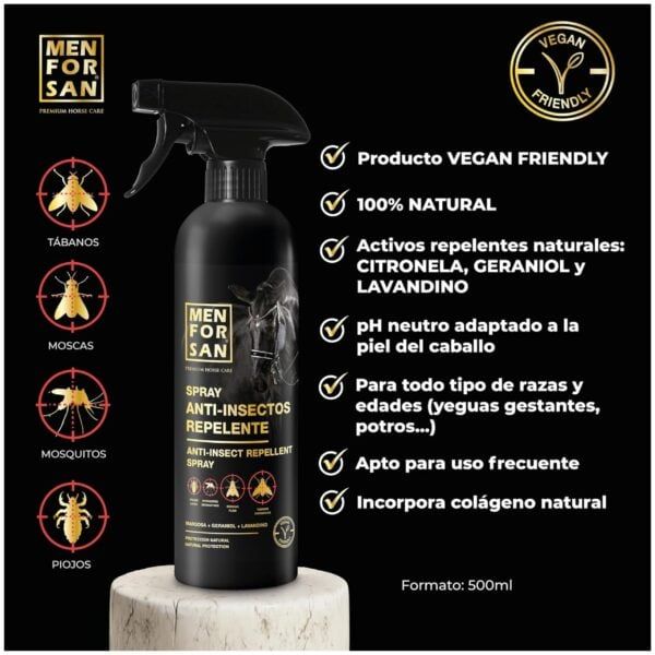 Anti-insectos repelente spray natural para mascotas y caballos, vegan friendly.