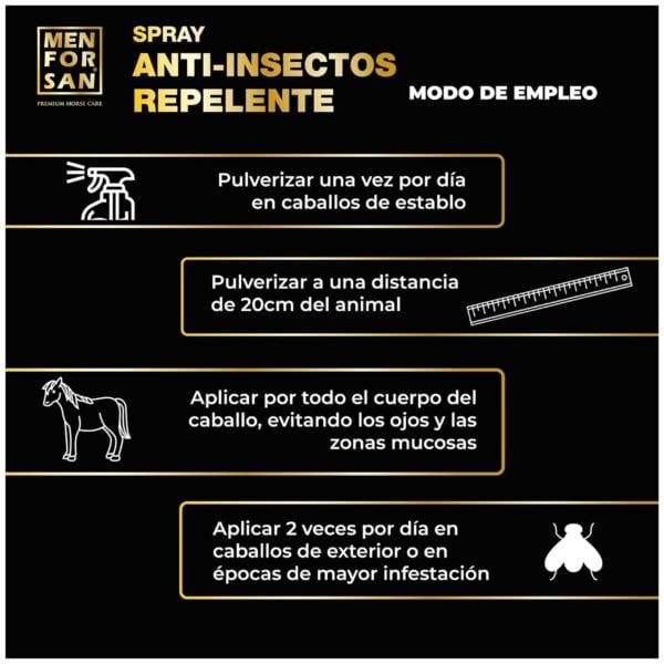 Spray anti-insectos repelente para caballos, instrucciones de uso, protección eficaz contra insectos.