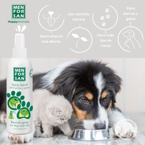 Spray bucal natural para perros y gatos, neutraliza malos olores, apto para todo tipo de razas.