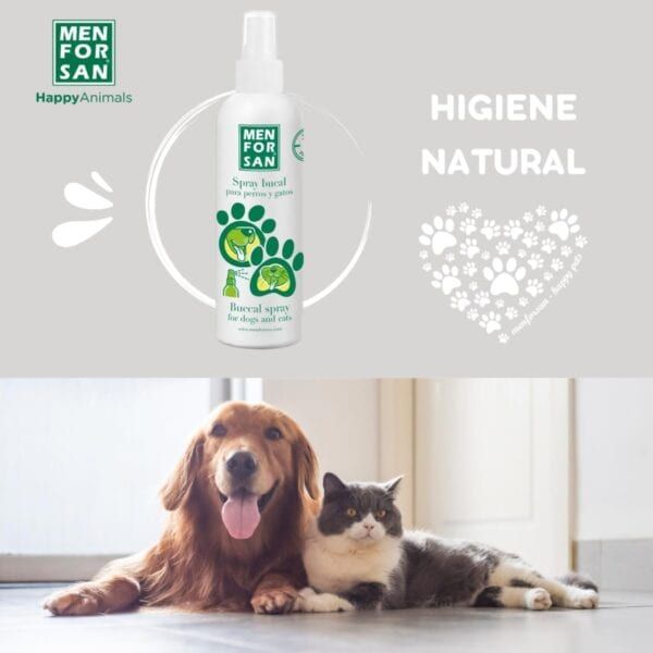 Spray bucal natural para perros y gatos de Men For San. Higiene oral y cuidado natural para mascotas saludables y felices.