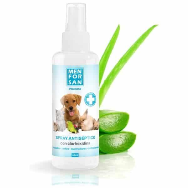 Spray antiséptico para mascotas, con clorhexidina y aloe vera, ideal para heridas y irritaciones.
