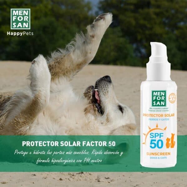 Cuidado solar para perros y gatos con SPF 50 en spray, protección efectiva contra el sol.
