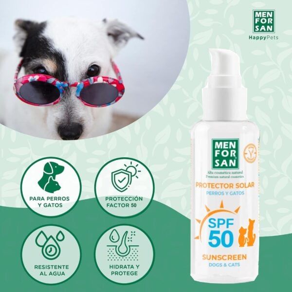 Protector solar para perros y gatos, SPF 50, protección natural contra rayos UV, resistente al agua, Hidratación y protección, tienda online TodoMASKOTAS, mascotas felices y seguras.