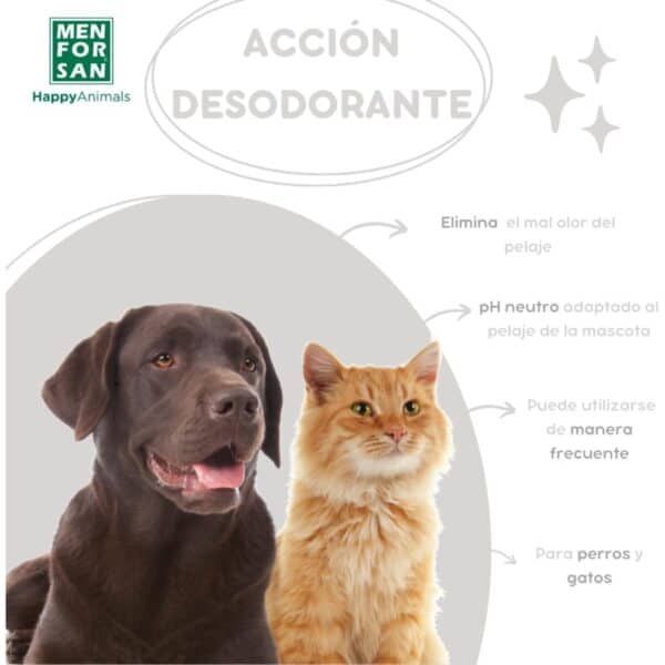 Porte de perro y gato con texto sobre desodorante para mascotas, en tienda online TodoMASKOTAS.
