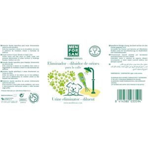 Eliminador de orinas para perros, solución líquida para limpiar con efectividad y eliminar olores en exteriores y mobiliario.