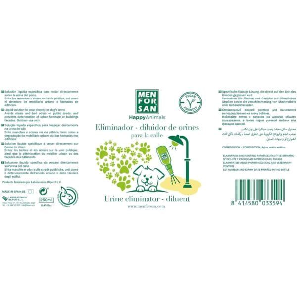 Eliminador de orinas para perros, solución líquida para limpiar con efectividad y eliminar olores en exteriores y mobiliario.
