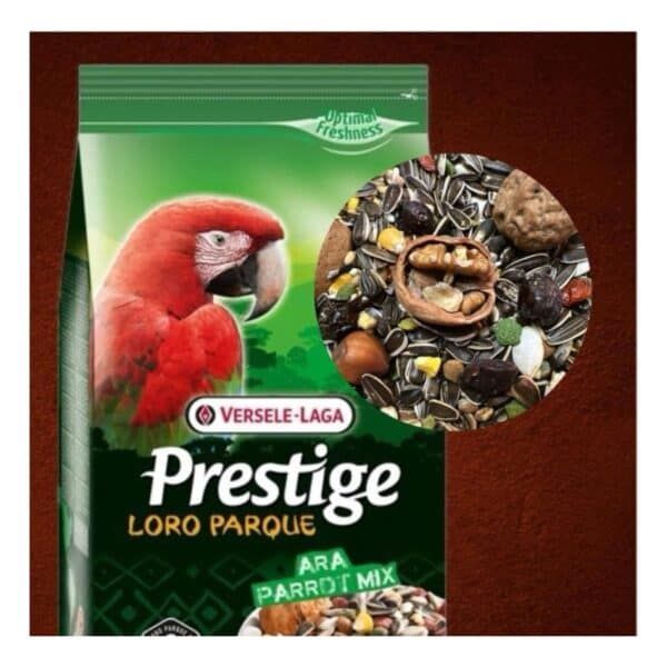 Alto texto: Semillas para loros Prestige Loro Parque para mezcla de semillas y frutos secos.