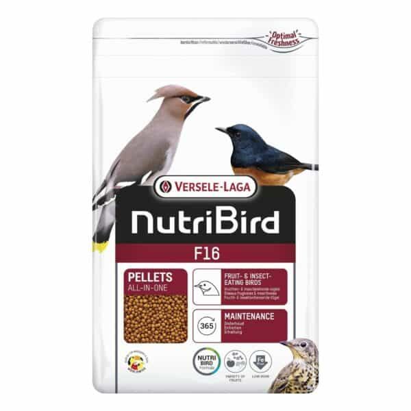 Alto text: Comida para aves NutriBird F16 en pellets, ideal para aves insectívoras y frugívoras.