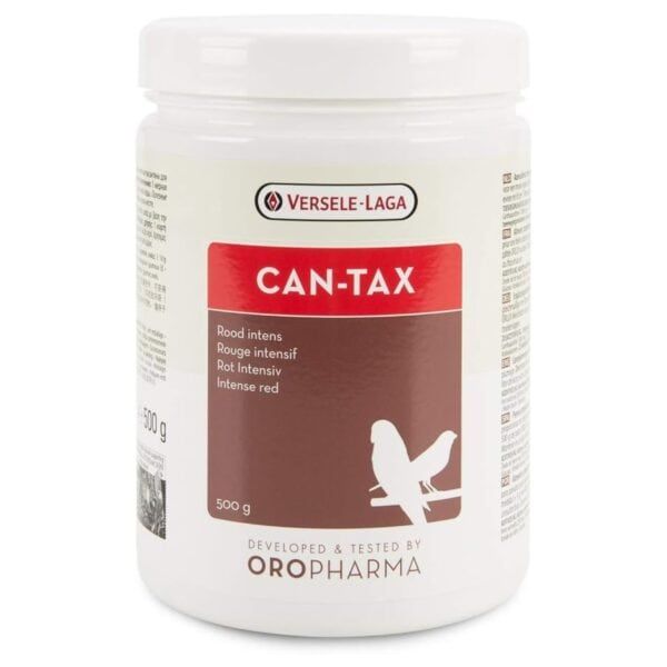 Can-Tax polvos para aves en envase de 500g, suplemento alimenticio para aves de color rojo intenso.
