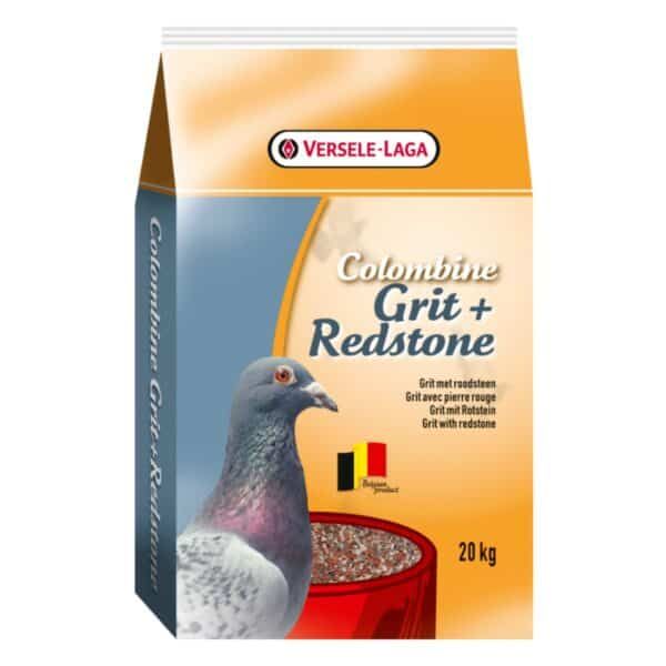 Grano de ave con piedra roja y gránulos, ideal para palomas en tienda de mascotas.