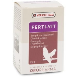 Suplemento de fertilidad para aves Versele-Laga Ferti-Vit, 25 g, recomendado para mejorar canto, fertilidad y bienestar en pájaros.