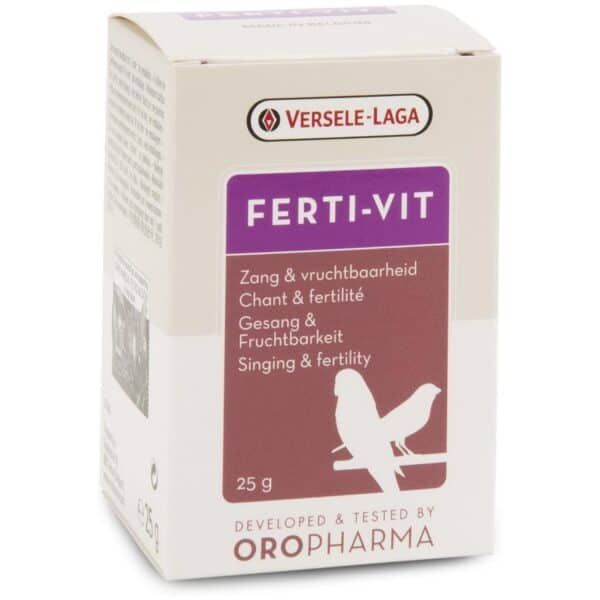 Suplemento de fertilidad para aves Versele-Laga Ferti-Vit, 25 g, recomendado para mejorar canto, fertilidad y bienestar en pájaros.